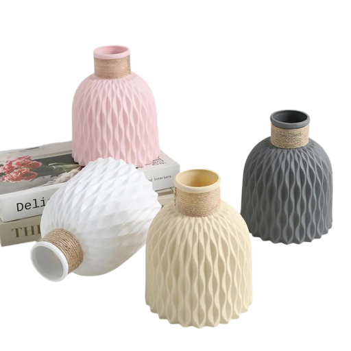 Műanyag dekoratív virágváza 14,5 x 12 x 4,5 cm Zsinóros díszítésű váza Rusztikus otthoni dekoráció Design dísz az enteriőrben