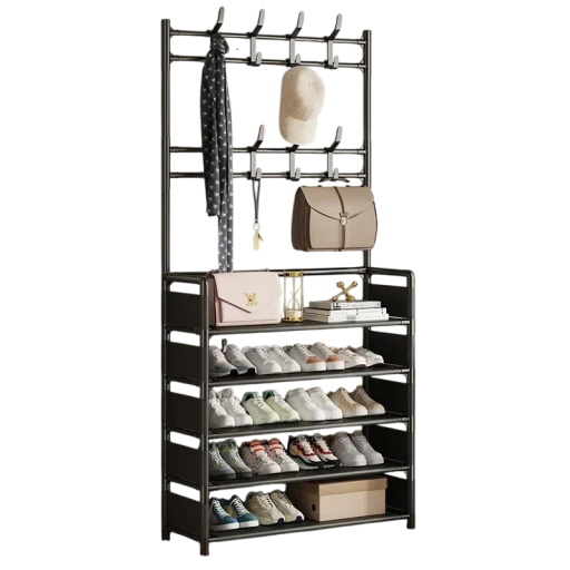 Multi-layer Coat and Shoe Rack with 5 Shelves and 8 Hooks, Free-standing Plastic Organiser for the Floor, Dimensions 169 x 60 x 25 cm