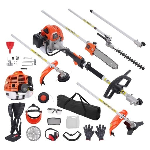 Multifunctioneel Tu gereedschap 6-in-1 52cc Benzinemotor 8500 t/min zwart-oranje voor het maaien van gras, snoeien van takken en tuinonderhoud