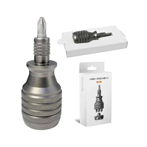 Multifunctionele 7-in-1 metalen set met een mini-schroevendraaier en zes bits opgeborgen in de handgreep met een magnetische dop en antislip-afwerking
