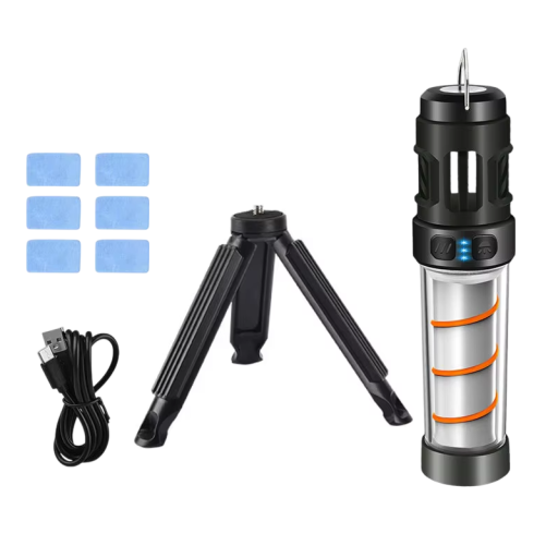 Multifunctionele LED-muggenlamp voor kamperen met tabletverwarming, IP44, draagbare USB-C oplaadbare zaklamp, 3000 mAh statief, 5 lichtstanden