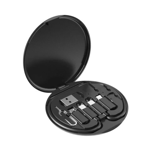 Multifunctionele set adapters en kabels in een compacte behuizing USB, USB-C, Lightning, Micro USB in zwart of wit