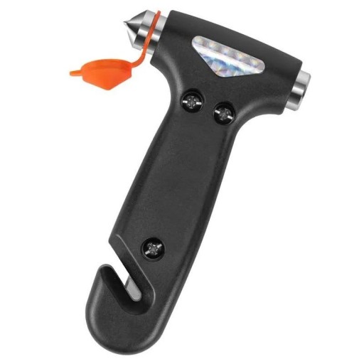 Multifunkční nouzové kladivo 2v1 kompaktní rozměry 8 × 13,2 × 3 cm plast kov únikový nástroj do auta rozbíječ skla