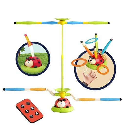 Multifunktionale Kinderspielzeug 5in1 mit Marienkäfer-Motiv für Sprungspiele, Balance, Ringwurf und Raketenabschuss mit Fernbedienung für Kinder ab 3 Jahren