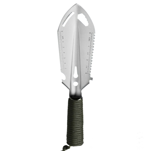 Multifunktionale Outdoor-Schaufel 6in1 26,5 x 7 cm mit Säge und Maßstab aus schwarzem Stahl für Camping, Wandern und Survival