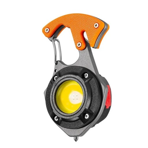 Multifunktionale wiederaufladbare LED Taschenlampe 8,7 × 4,8 × 3 cm USB-C 500 lm Sicherheitsgurtschneider Hammer orange-schwarz Notlicht
