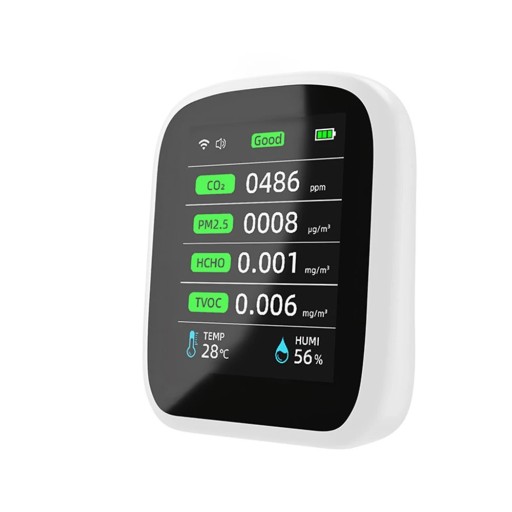 Multifunktionel 8-i-1 luftkvalitetsdetektor med CO2, TVOC, HCHO, PM2.5, WiFi-forbindelse og online overvågning via mobilapp