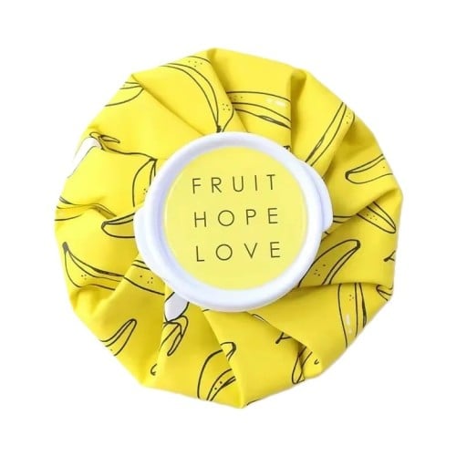 Multifunktionel fysioterapeutisk pose varm og kold kompres med skruehætte gul med bananer diameter 14 cm til hævelser og smerte