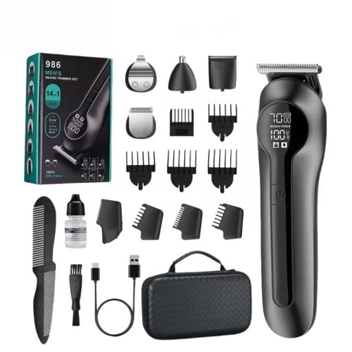 Multifunktionel trimmer 6i1 med LCD-display USB-C opladning 16 cm rustfrit stål blade til hår, skæg, næse og krop
