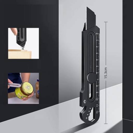 Multifunktionell fällkniv 15,3 cm Metallkropp Skärande Öppningsskruvar och lock Linjal Svart universalkniv Exakt bladjustering