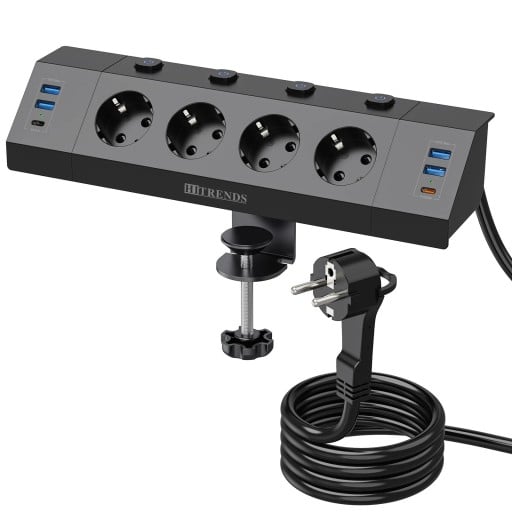 Multiponto de mesa com suporte de fixação 29,7×7,5×6 cm PC+ABS 4×USB-A 2×USB-C 250 V 3250 W para mesa de trabalho