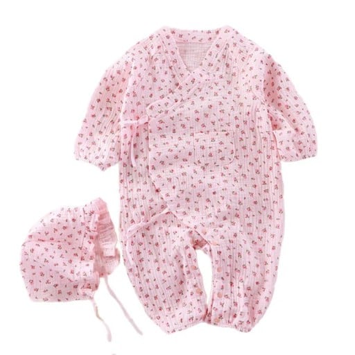 Muślinowy bawełniany overall dla noworodków z długim rękawem i dekoltem w kształcie V Różowy unisex overall z kwiatowym motywem