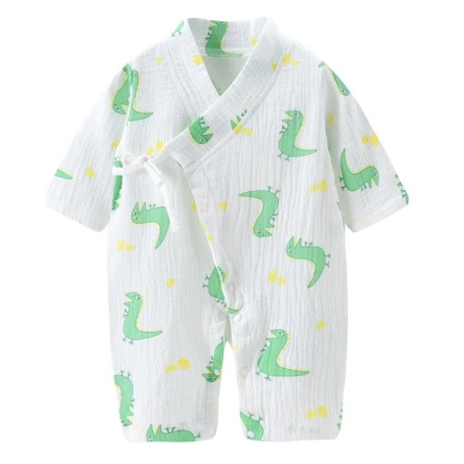 Musselin Baumwoll Overall für Neugeborene mit langen Ärmeln und V-Ausschnitt Weißer Unisex Overall mit grünem Dinosaurier-Motiv