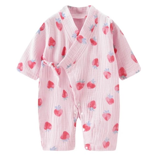 Musselinoverall aus Baumwolle für Neugeborene mit langen Ärmeln und V-Ausschnitt Rosa Unisex Overall mit Erdbeer-Motiv