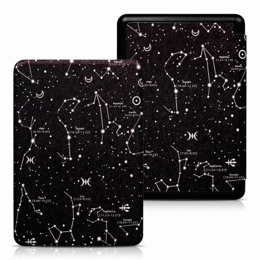 Mustat flip-kotelo 6 tuumaa Kindle 10. sukupolvelle 2019 valkoisella tähtikartalla horoskooppimerkeistä ja kuuista sekä hihnalla ja suojakalvolla