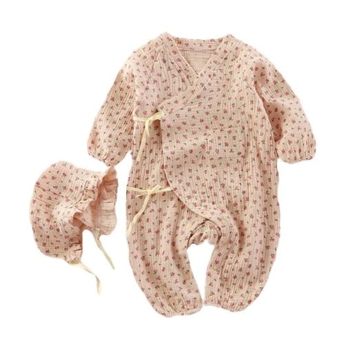Muszlin pamut overall újszülötteknek hosszú ujjal és V-kivágással Bézs unisex overall virágmintával és zsinórozással