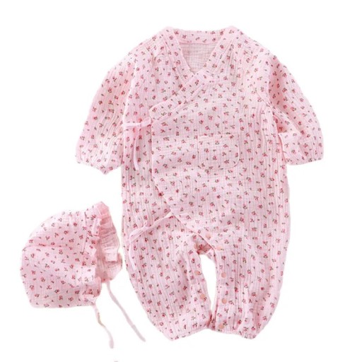 Muszlin pamut overall újszülötteknek hosszú ujjú és V-kivágással Rózsaszín unisex overall virágmintával és fűzéssel