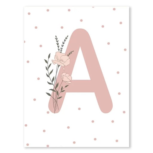 Muurposter 21 x 30 cm Letter A met bloemenmotief Doek zonder lijst Decoratie voor meisjes- en kinderkamer