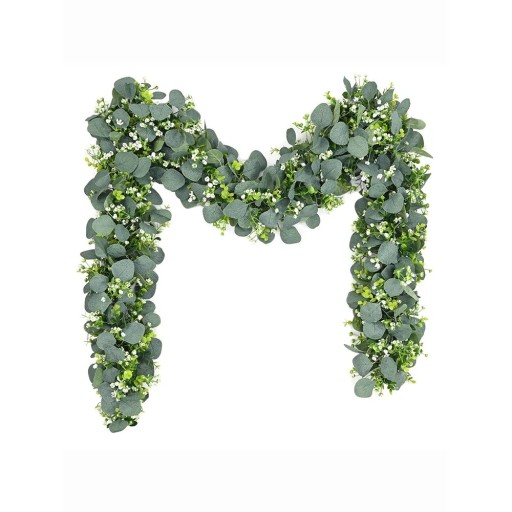 Művirág girland eukaliptuszlevelekkel, fehér virágokkal és bogyókkal Tavaszi dekoráció esküvőre, asztalra, korlátra vagy otthoni díszítéshez