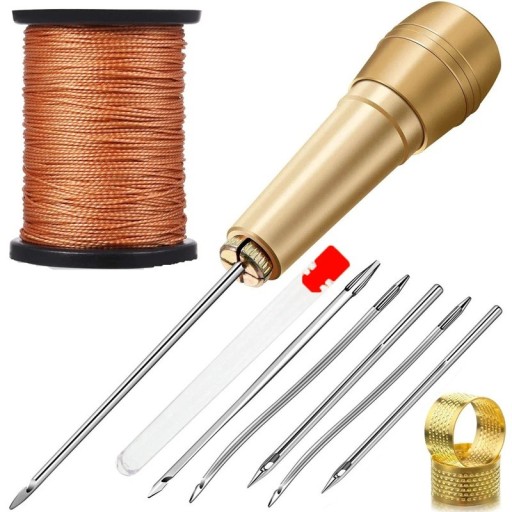 Naaiset voor leren handwerk met messing handvat, 5 naalden, draadopwinder en vinger voor schoenreparatie, stoffering en lederwaren