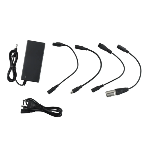 Nabíjačka pre elektrickú kolobežku 42V 2A 220V s 5,5mm 1kolíkovým konektorom a sadou 4 redukcií XLR, RCA a 3kolíkových adaptérov