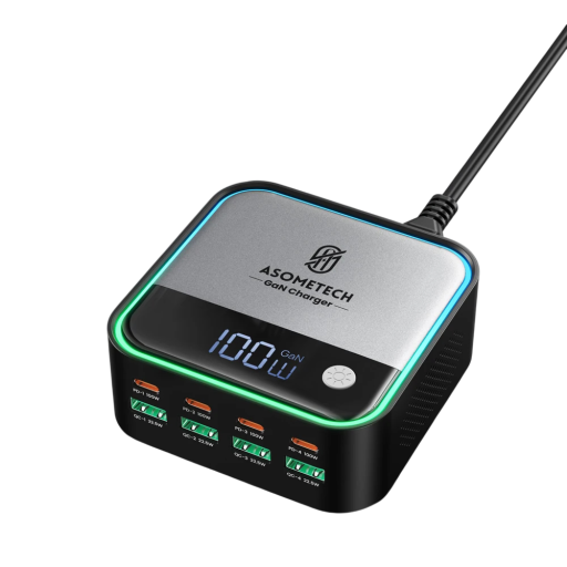 Nabíjecí stanice 8portová USB-C USB-A 95x95x42 mm GaN mini stolní černo stříbrná s ambientním osvětlením pro kancelář