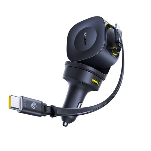 Nabíječka do auta 100W rychlonabíjecí 4 porty duální navíjecí USB-C kabel černá otočná 450° pro telefon tablet notebook