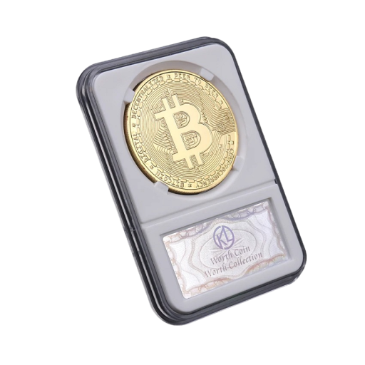 Nachbildung einer Bitcoin-Münze, 4 cm, im Klarsichtetui, vergoldete Bitcoin-Gedenkmünze, Sammlermünze in Kunststoffbox, 5,8 x 8,4 cm