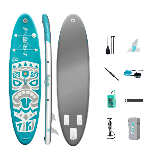 Nadmuchiwane Deska Do Pływania Funwater 320x84x15 cm Nośność 150 kg Materiał PVC Maska Tiki z Wiosłem 3 Finami Pasek Na Ramię i Plecak
