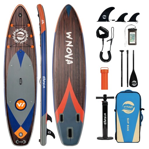 Nafukható paddleboard szörfdeszka evezővel, kameratartóval és kiegészítőkkel 350 x 86 x 15 cm barna vízi sportokhoz