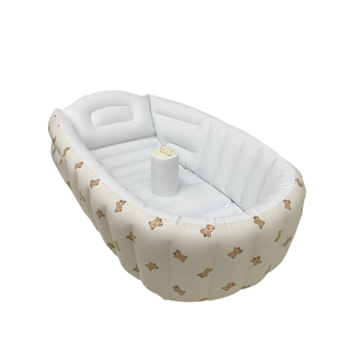 Nafukovací dětská vanička s motivem medvěda, 90 × 55 × 30 cm, PVC materiál, bílá barva, pro koupání miminek doma i na cestách
