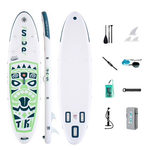 Nafukovací paddleboard SUP prkno s pádlem pumpičkou a příslušenstvím 320 x 84 x 15 cm nosnost 150 kg bílo-zelený na vodní sporty a surfování