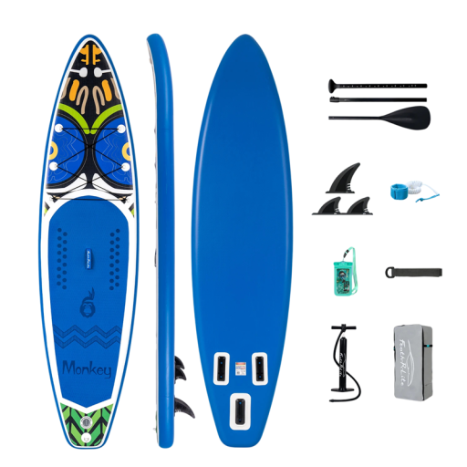 Nafukovací paddleboard SUP prkno s pádlem pumpičkou a příslušenstvím 335 x 83 x 15 cm nosnost 165 kg modrý na vodní sporty a surfování