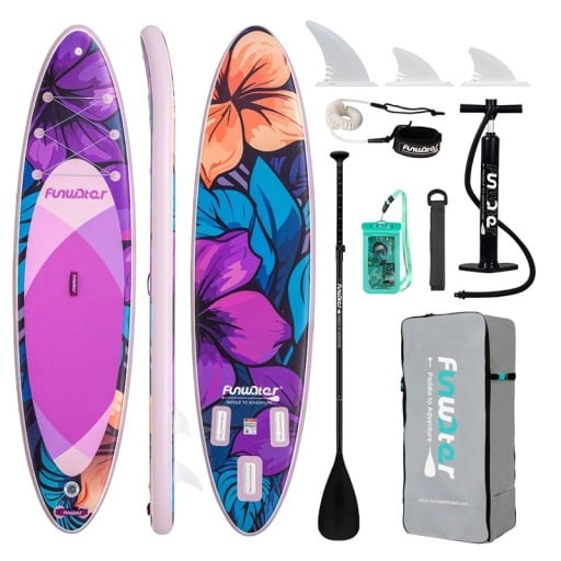 Nafukovací paddleboard SUP prkno s pádlem pumpičkou a příslušenstvím 335 x 84 x 15 cm fialový na vodní sporty a surfování