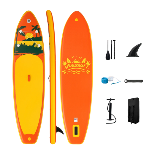 Nafukovací paddleboard SUP prkno s pádlem pumpičkou a příslušenstvím 335 x 84 x 15 cm nosnost 165 kg oranžovo-žlutý na vodní sporty