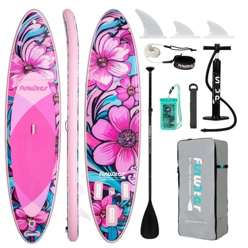 Nafukovací paddleboard SUP prkno s pádlem pumpičkou a příslušenstvím 335 x 84 x 15 cm růžový na vodní sporty a surfování