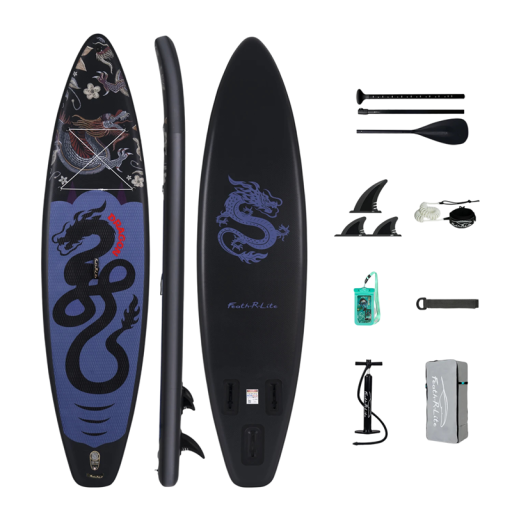 Nafukovací paddleboard SUP prkno s pádlem pumpičkou a příslušenstvím 350 x 84 x 15 cm nosnost 180 kg černo-modrý na vodní sporty a surfování