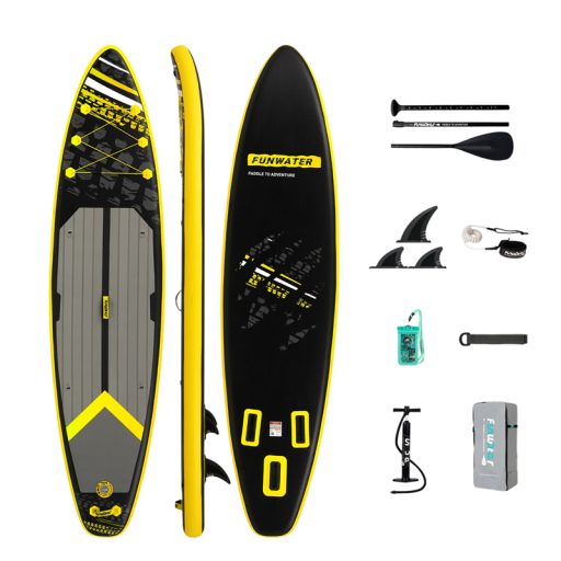 Nafukovací paddleboard SUP prkno s pádlem pumpičkou a příslušenstvím 350 x 84 x 15 cm nosnost 180 kg černo-žlutý na vodní sporty a surfování