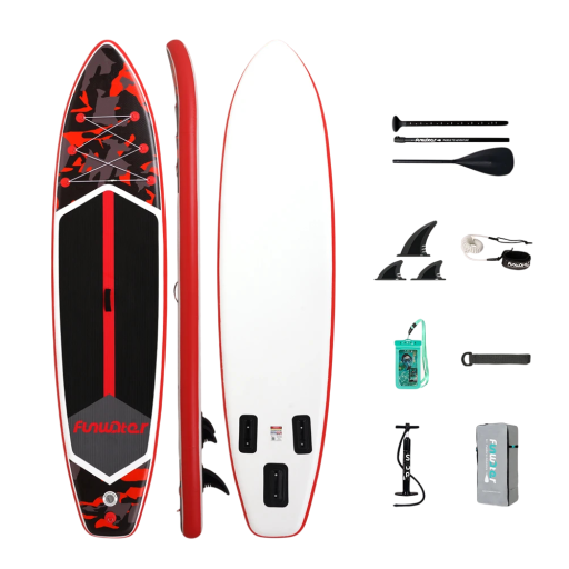 Nafukovací paddleboard SUP prkno s pádlem pumpičkou a příslušenstvím 350 x 84 x 15 cm nosnost 180 kg červeno-černý na vodní sporty