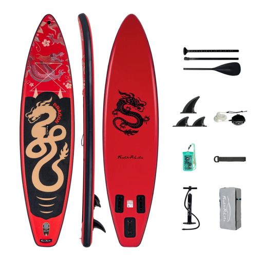 Nafukovací paddleboard SUP prkno s pádlem pumpičkou a příslušenstvím 350 x 84 x 15 cm nosnost 180 kg červený na vodní sporty a surfování