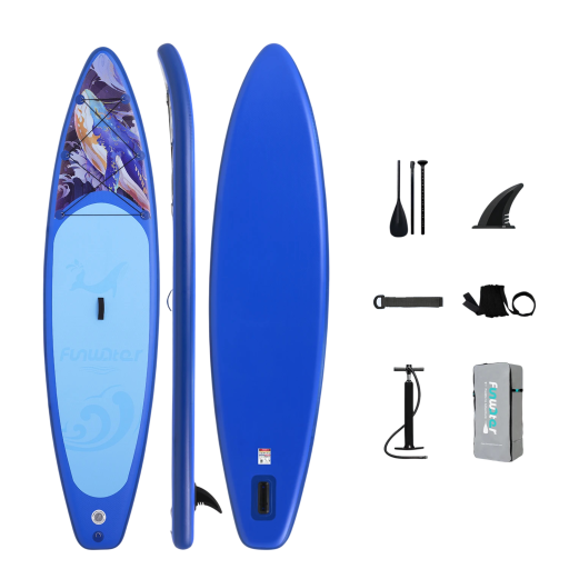 Nafukovací paddleboard SUP prkno s pádlem pumpičkou a příslušenstvím 350 x 84 x 15 cm nosnost 180 kg modrý na vodní sporty a surfování
