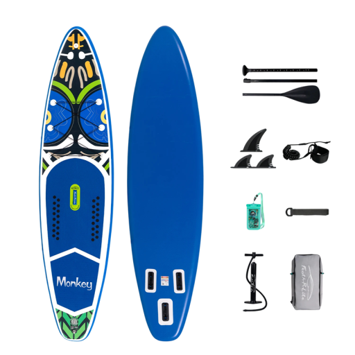 Nafukovací paddleboard SUP prkno s pádlem pumpičkou a příslušenstvím 350 x 84 x 15 cm nosnost 180 kg modrý na vodní sporty a surfování