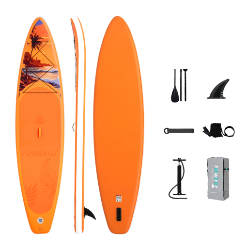 Nafukovací paddleboard SUP prkno s pádlem pumpičkou a příslušenstvím 350 x 84 x 15 cm nosnost 180 kg oranžový na vodní sporty a surfování