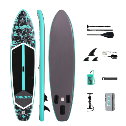 Nafukovací paddleboard SUP prkno s pádlem pumpičkou a příslušenstvím 350 x 84 x 15 cm nosnost 180 kg tyrkysovo-černý na vodní sporty