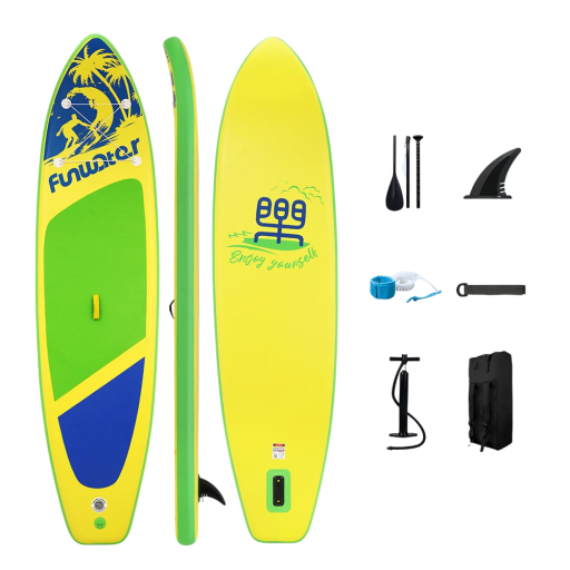 Nafukovací paddleboard SUP prkno s pádlem pumpičkou a příslušenstvím 350 x 87 x 15 cm nosnost 190 kg žluto-zelený na vodní sporty