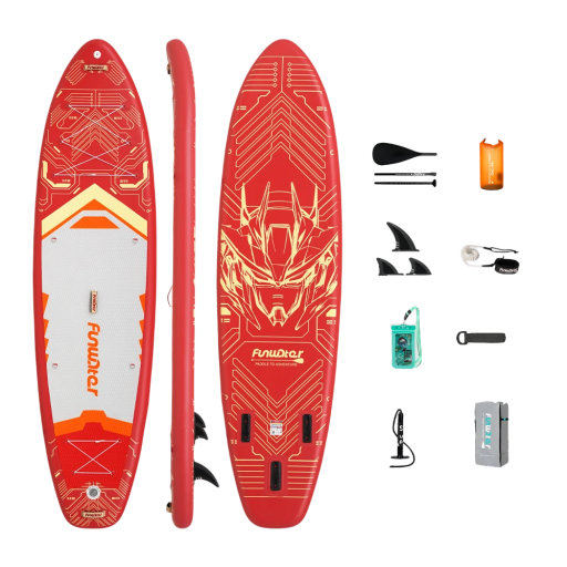 Nafukovací paddleboard SUP prkno s pádlem pumpičkou a příslušenstvím 350 x 90 x 15 cm nosnost 200 kg červený na vodní sporty a surfování