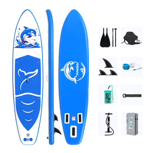 Nafukovací paddleboard SUP prkno s pádlem sedačkou a příslušenstvím 350 x 84 x 15 cm nosnost 180 kg modrý na vodní sporty a surfování