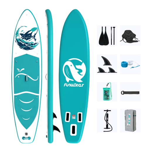 Nafukovací paddleboard SUP prkno s pádlem sedačkou a příslušenstvím 350 x 84 x 15 cm nosnost 180 kg tyrkysovo-bílý na vodní sporty a surfování