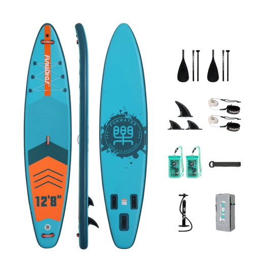 Nafukovací paddleboard SUP prkno s pádly pumpičkou a příslušenstvím 385 x 85 x 15 cm nosnost 230 kg tyrkysovo-oranžový na vodní sporty