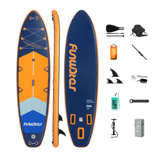 Nafukovací paddleboard SUP prkno s pádly sedačkou a příslušenstvím 350 x 90 x 15 cm nosnost 200 kg modro-oranžový na vodní sporty